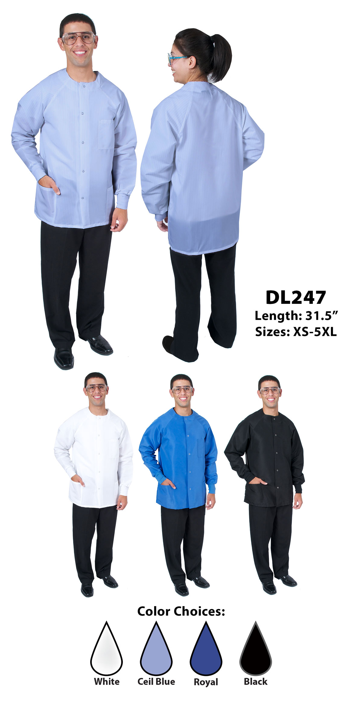 DL247 Unisex Round Neck Short Length Lab Jackets (31.5